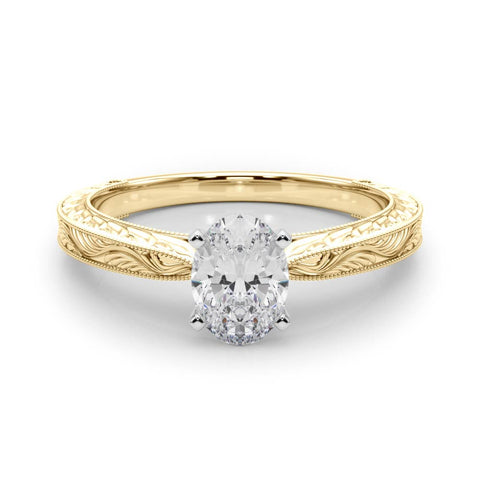 Yellow gold Oval Solitaire Milgrain Engraved Band with Four-Prong Setting