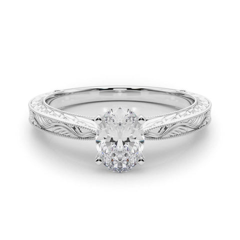 White gold Oval Solitaire Milgrain Engraved Band with Four-Prong Setting