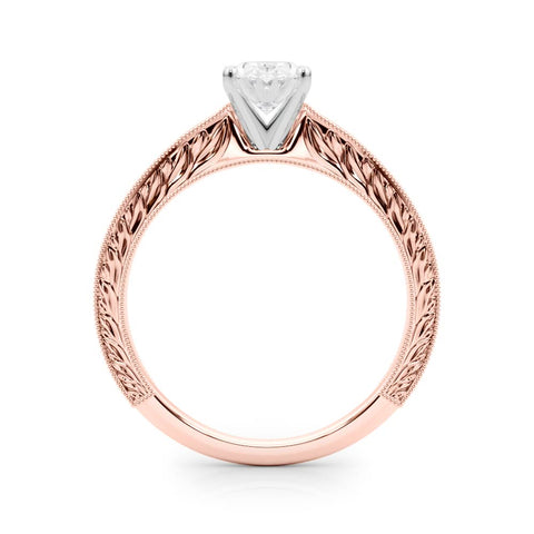 Rose gold Oval Solitaire Milgrain Engraved Band with Four-Prong Setting