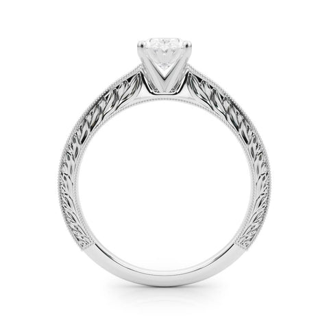 White gold Oval Solitaire Milgrain Engraved Band with Four-Prong Setting