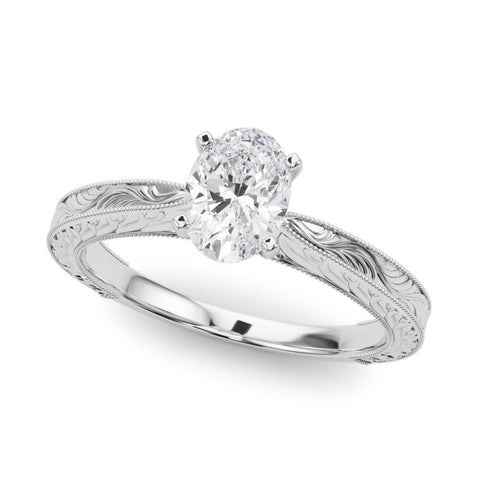 White gold Oval Solitaire Milgrain Engraved Band with Four-Prong Setting