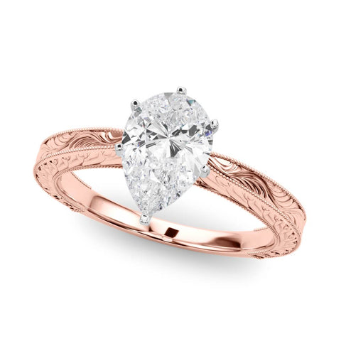 Rose gold Pear Solitaire Milgrain Engraved Band with Four-Prong Setting