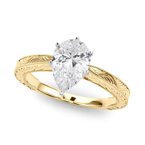 Yellow gold Pear Solitaire Milgrain Engraved Band with Four-Prong Setting