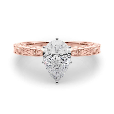 Rose gold Pear Solitaire Milgrain Engraved Band with Four-Prong Setting