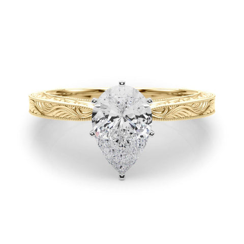 Yellow gold Pear Solitaire Milgrain Engraved Band with Four-Prong Setting