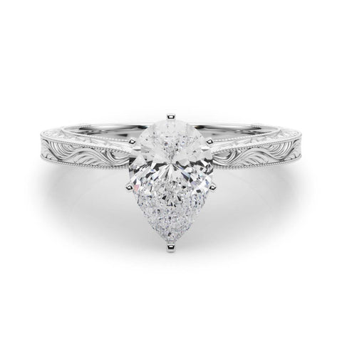 White gold Pear Solitaire Milgrain Engraved Band with Four-Prong Setting