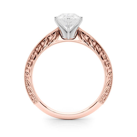 Rose gold Pear Solitaire Milgrain Engraved Band with Four-Prong Setting