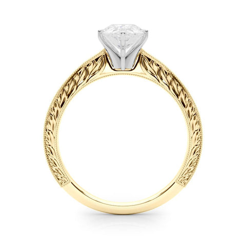 Yellow gold Pear Solitaire Milgrain Engraved Band with Four-Prong Setting