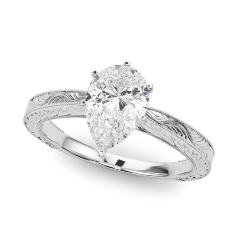 White gold Pear Solitaire Milgrain Engraved Band with Four-Prong Setting