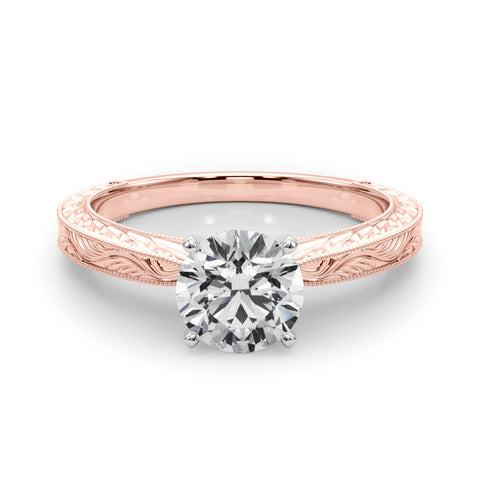 Rose gold Round Solitaire Milgrain Engraved Band with Four-Prong Setting