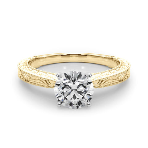 Yellow gold Round Solitaire Milgrain Engraved Band with Four-Prong Setting