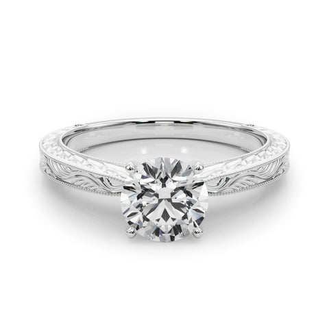 White gold Round Solitaire Milgrain Engraved Band with Four-Prong Setting