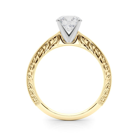 Yellow gold Round Solitaire Milgrain Engraved Band with Four-Prong Setting