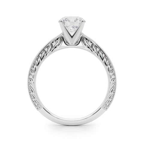 White gold Round Solitaire Milgrain Engraved Band with Four-Prong Setting