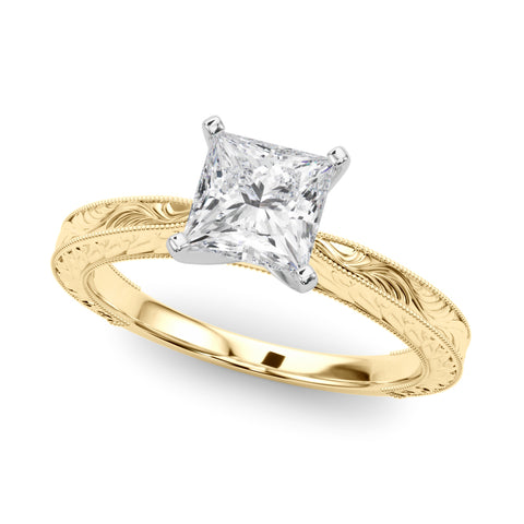 Yellow gold Princess Solitaire Milgrain Engraved Band with Four-Prong Setting