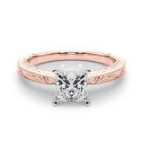 Rose gold Princess Solitaire Milgrain Engraved Band with Four-Prong Setting