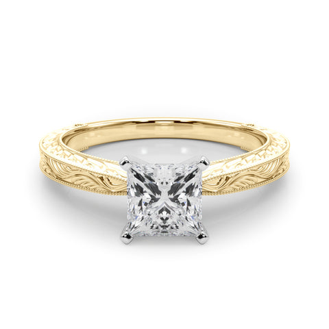 Yellow gold Princess Solitaire Milgrain Engraved Band with Four-Prong Setting