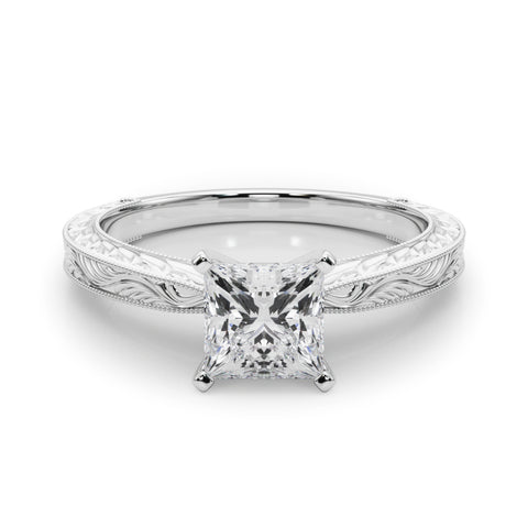 White gold Princess Solitaire Milgrain Engraved Band with Four-Prong Setting