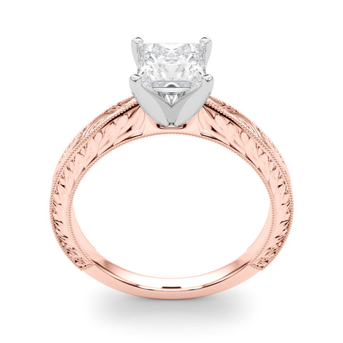 Rose gold Princess Solitaire Milgrain Engraved Band with Four-Prong Setting