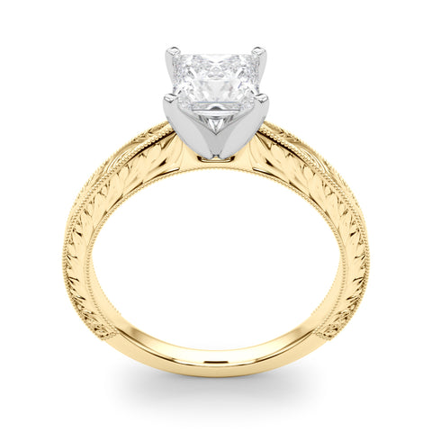 Yellow gold Princess Solitaire Milgrain Engraved Band with Four-Prong Setting