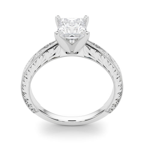 White gold Princess Solitaire Milgrain Engraved Band with Four-Prong Setting