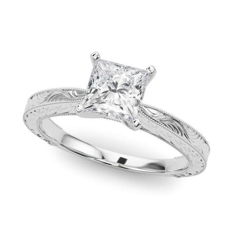 White gold Princess Solitaire Milgrain Engraved Band with Four-Prong Setting