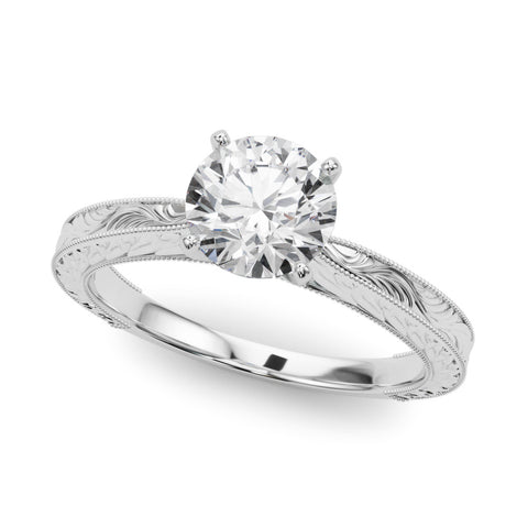 White gold Round Solitaire Milgrain Engraved Band with Four-Prong Setting