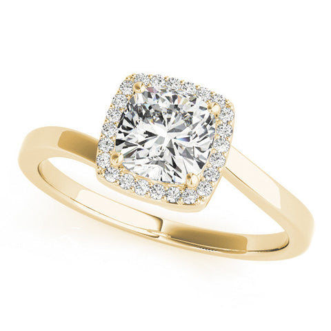 Yellow gold Cushion Halo Solitaire Engagement Ring with Round Diamond and Four-Prong Setting