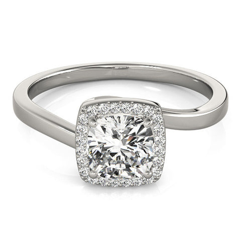 White gold Cushion Halo Solitaire Engagement Ring with Round Diamond and Four-Prong Setting