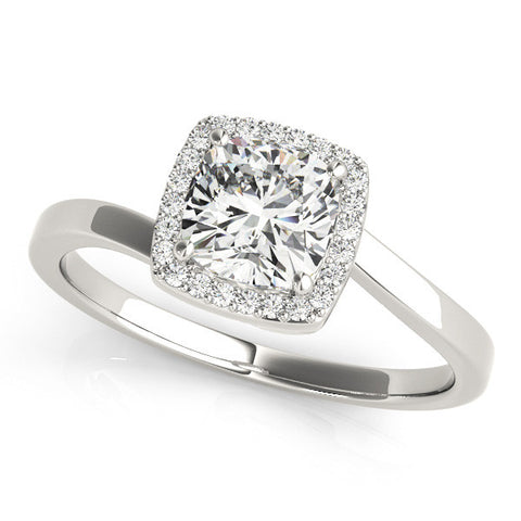 White gold Cushion Halo Solitaire Engagement Ring with Round Diamond and Four-Prong Setting