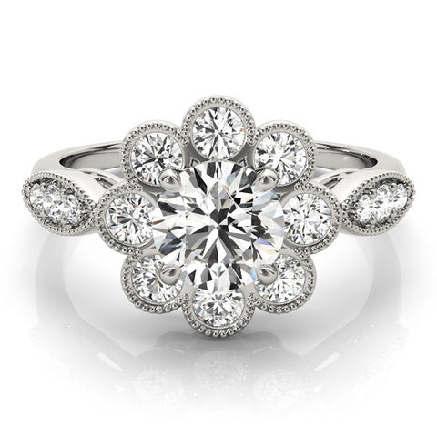 White gold Round Milgrain Halo Floral Diamond Ring with Split Shank and Four-Prong Setting
