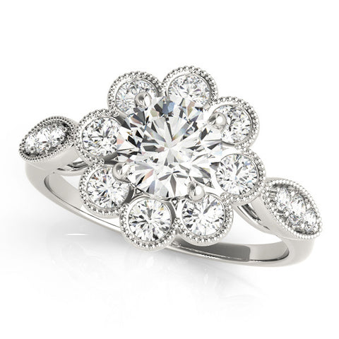 White gold Round Milgrain Halo Floral Diamond Ring with Split Shank and Four-Prong Setting