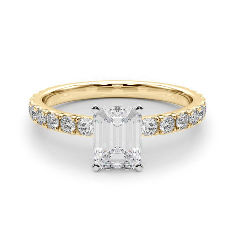 Yellow gold Emerald Diamond Pavé Band Solitaire with Four-Prong Setting