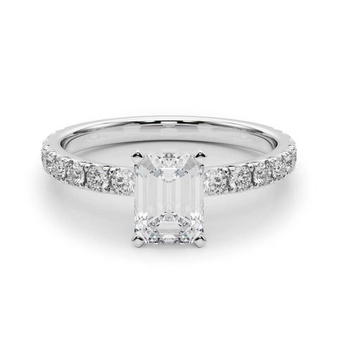 White gold Emerald Diamond Pavé Band Solitaire with Four-Prong Setting