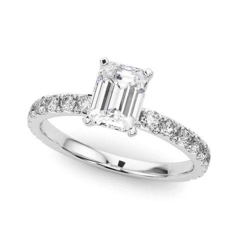 White gold Emerald Diamond Pavé Band Solitaire with Four-Prong Setting