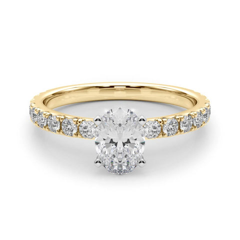 Yellow gold Oval Diamond Pavé Band Solitaire with Four-Prong Setting