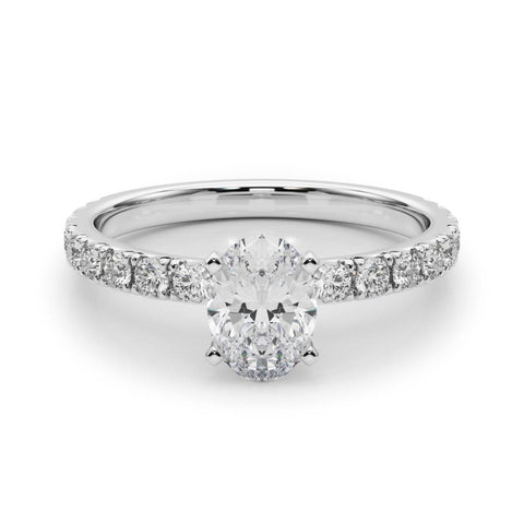 White gold Oval Diamond Pavé Band Solitaire with Four-Prong Setting