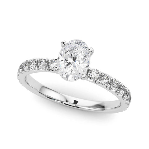 White gold Oval Diamond Pavé Band Solitaire with Four-Prong Setting