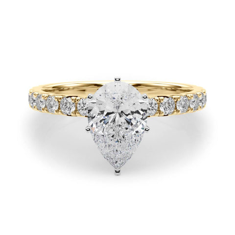 Yellow gold Pear Diamond Pavé Band Solitaire with Four-Prong Setting