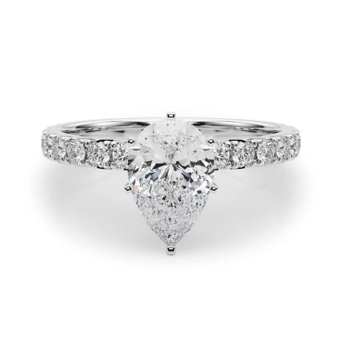 White gold Pear Diamond Pavé Band Solitaire with Four-Prong Setting