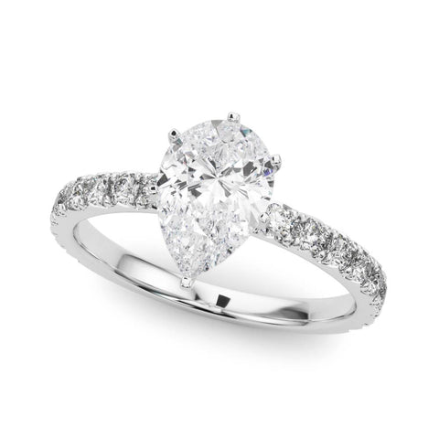 White gold Pear Diamond Pavé Band Solitaire with Four-Prong Setting