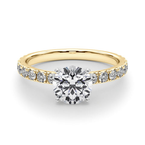 Yellow gold Round Diamond Pavé Band Solitaire with Four-Prong Setting