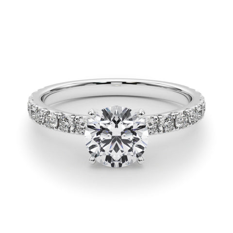 White gold Round Diamond Pavé Band Solitaire with Four-Prong Setting