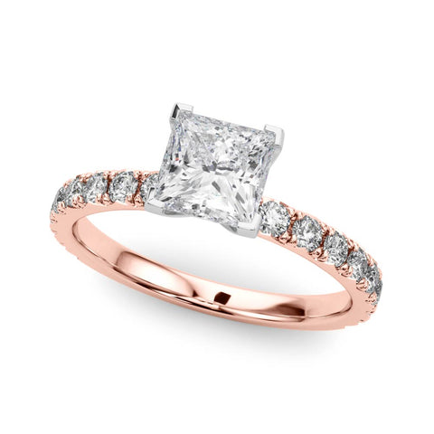 Rose gold Princess Diamond Pavé Band Solitaire with Four-Prong Setting