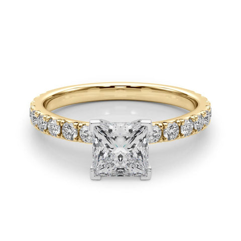 Yellow gold Princess Diamond Pavé Band Solitaire with Four-Prong Setting