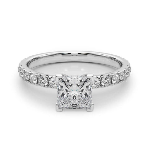 White gold Princess Diamond Pavé Band Solitaire with Four-Prong Setting