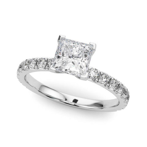 White gold Princess Diamond Pavé Band Solitaire with Four-Prong Setting