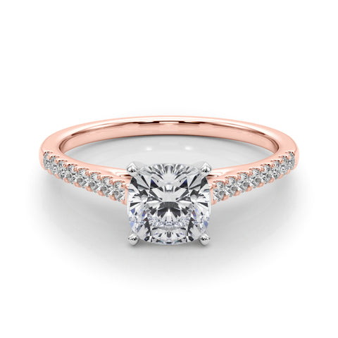 Rose gold Cushion Cut Solitaire Diamond Ring with Pave Band and Four-Prong Setting