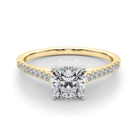 Yellow gold Cushion Cut Solitaire Diamond Ring with Pave Band and Four-Prong Setting
