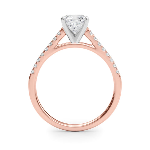Rose gold Cushion Cut Solitaire Diamond Ring with Pave Band and Four-Prong Setting